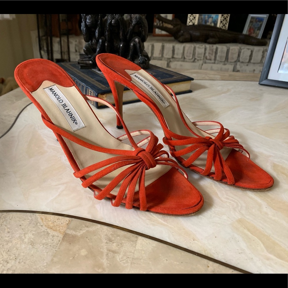 Manolo Blahnik red strappy suede slide mules 40.5